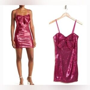 NWT $438 Torn by Ronny Kobo Lindsay Sequin Bow Mini Dress Pink, XS